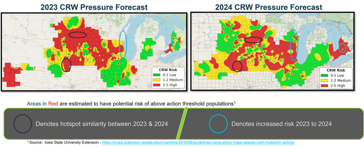 Comparison of 2023 and 2024 corn rootworm (CRW) risk forecasts based on 2022 (562 fields) and 2023 (904 fields) CRW beetle monitoring. Fields were in CO, IA, IL, IN, KS, MI, MN, MO, NE, ND, KY, SD, and WI in 2022 and CO, IA, IL, IN, KS, MI, MN, MO, NE, ND, OH, SD, WI, and Ontario, Canada in 2023. 
